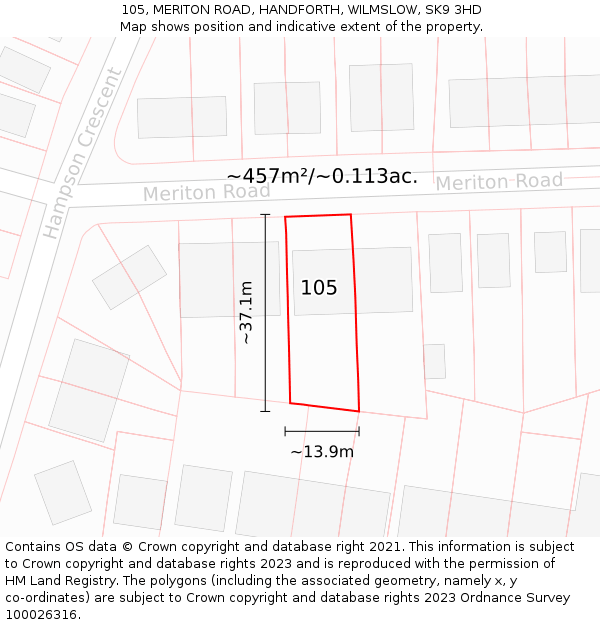 105, MERITON ROAD, HANDFORTH, WILMSLOW, SK9 3HD: Plot and title map