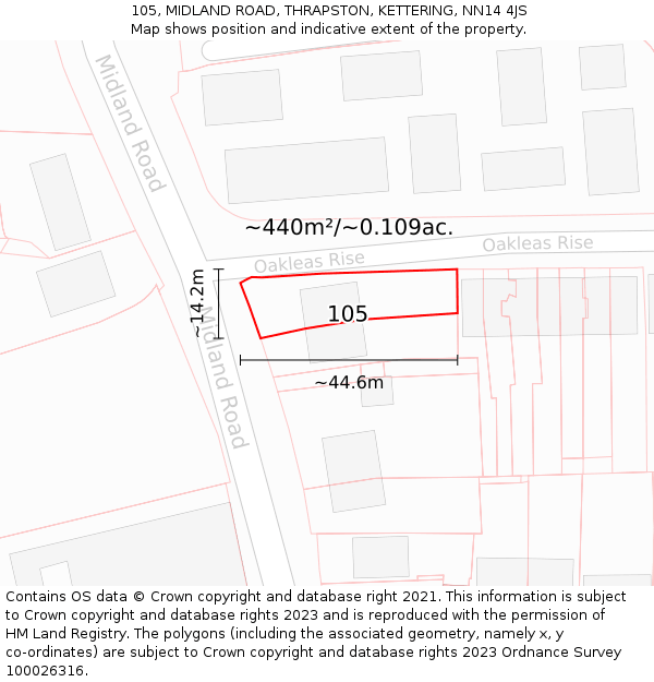 105, MIDLAND ROAD, THRAPSTON, KETTERING, NN14 4JS: Plot and title map
