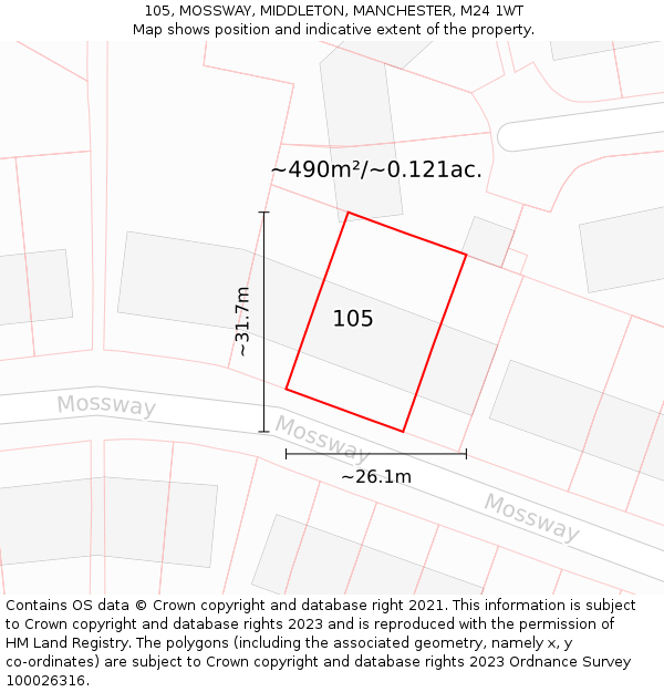 105, MOSSWAY, MIDDLETON, MANCHESTER, M24 1WT: Plot and title map