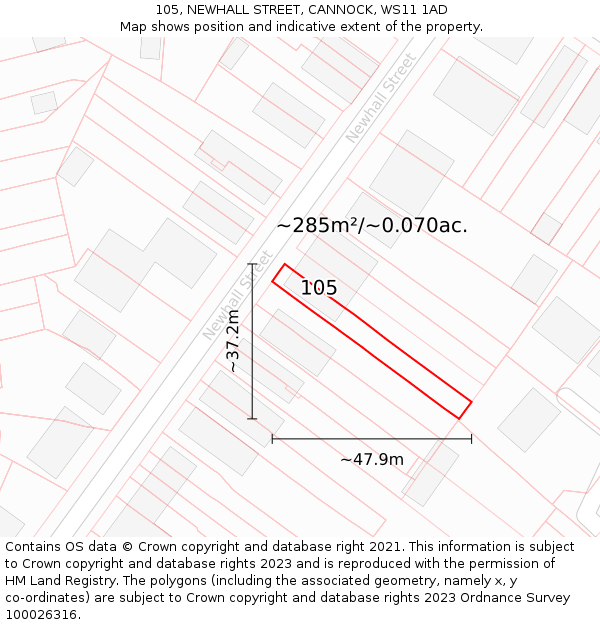 105, NEWHALL STREET, CANNOCK, WS11 1AD: Plot and title map