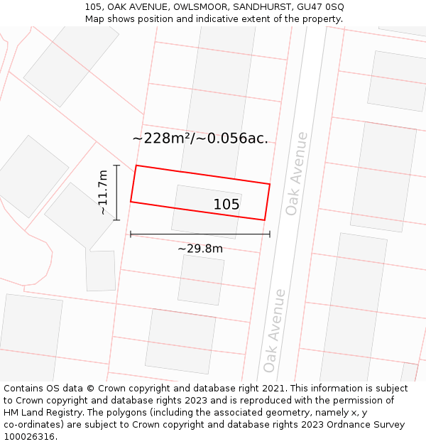 105, OAK AVENUE, OWLSMOOR, SANDHURST, GU47 0SQ: Plot and title map