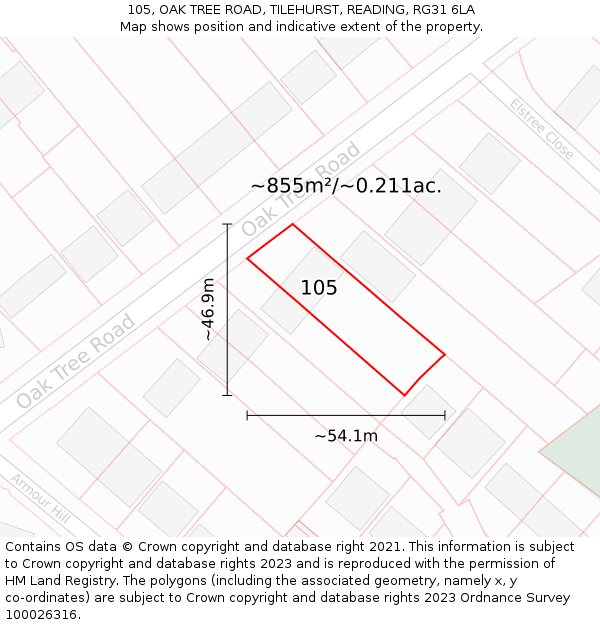 105, OAK TREE ROAD, TILEHURST, READING, RG31 6LA: Plot and title map