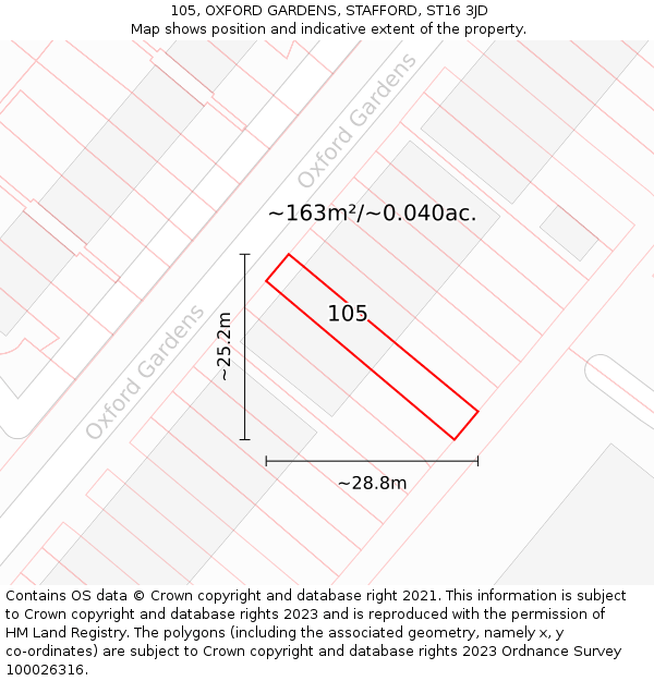 105, OXFORD GARDENS, STAFFORD, ST16 3JD: Plot and title map