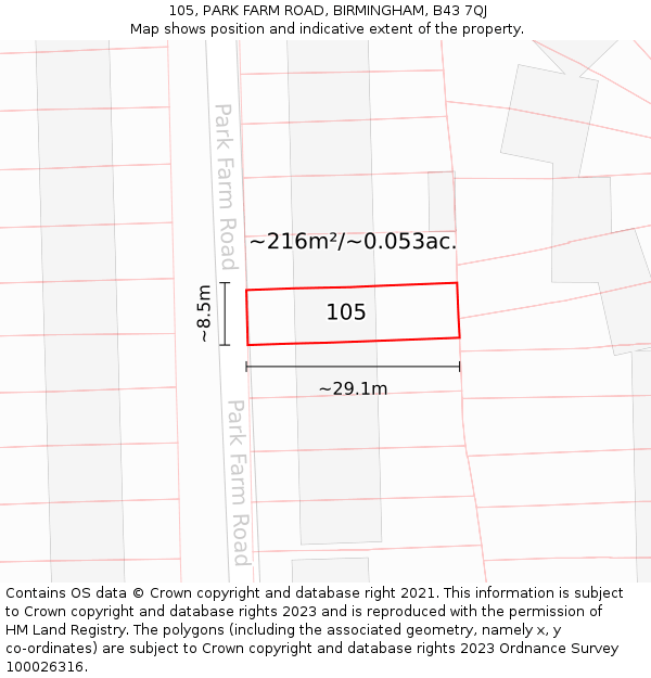 105, PARK FARM ROAD, BIRMINGHAM, B43 7QJ: Plot and title map