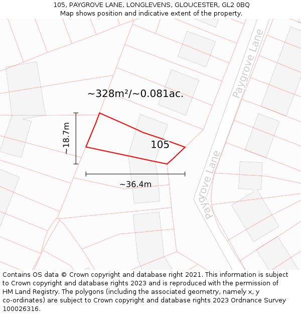 105, PAYGROVE LANE, LONGLEVENS, GLOUCESTER, GL2 0BQ: Plot and title map