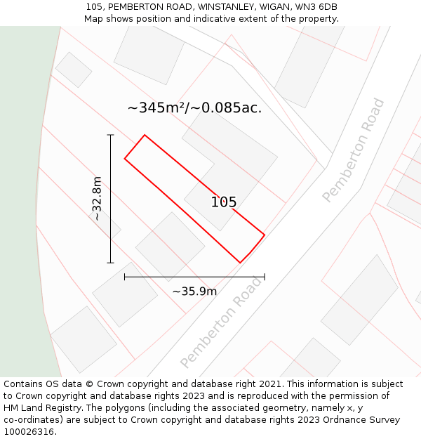 105, PEMBERTON ROAD, WINSTANLEY, WIGAN, WN3 6DB: Plot and title map