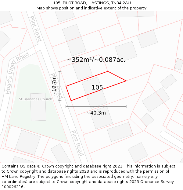 105, PILOT ROAD, HASTINGS, TN34 2AU: Plot and title map