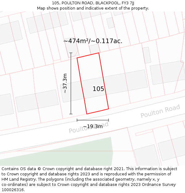 105, POULTON ROAD, BLACKPOOL, FY3 7JJ: Plot and title map
