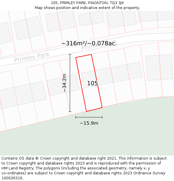 105, PRIMLEY PARK, PAIGNTON, TQ3 3JX: Plot and title map