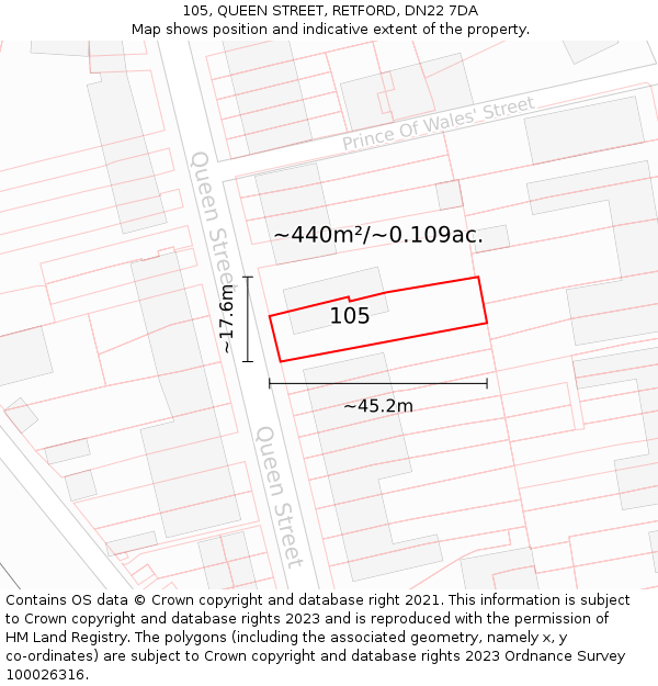 105, QUEEN STREET, RETFORD, DN22 7DA: Plot and title map
