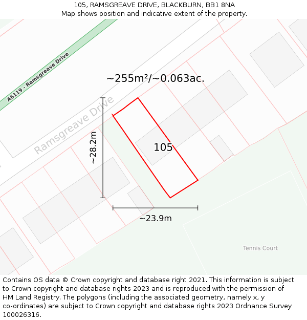 105, RAMSGREAVE DRIVE, BLACKBURN, BB1 8NA: Plot and title map