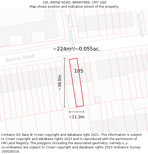 105, RAYNE ROAD, BRAINTREE, CM7 2QD: Plot and title map