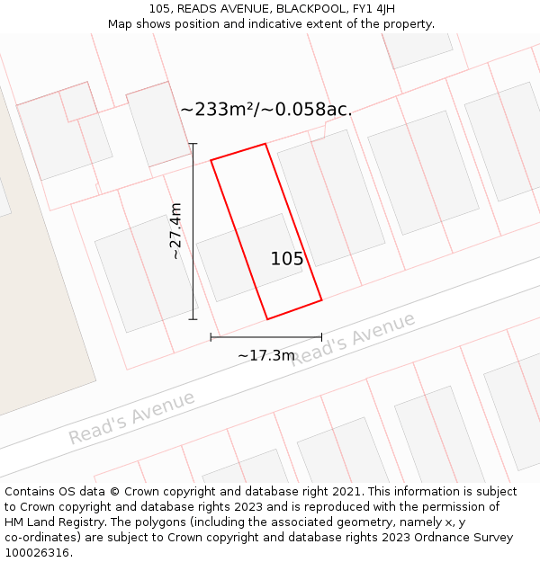 105, READS AVENUE, BLACKPOOL, FY1 4JH: Plot and title map