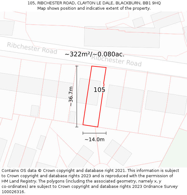 105, RIBCHESTER ROAD, CLAYTON LE DALE, BLACKBURN, BB1 9HQ: Plot and title map