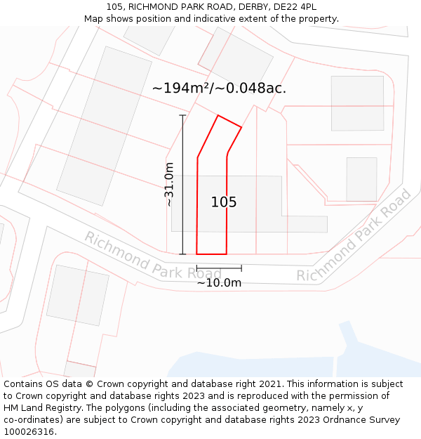 105, RICHMOND PARK ROAD, DERBY, DE22 4PL: Plot and title map