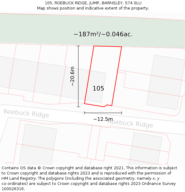 105, ROEBUCK RIDGE, JUMP, BARNSLEY, S74 0LU: Plot and title map