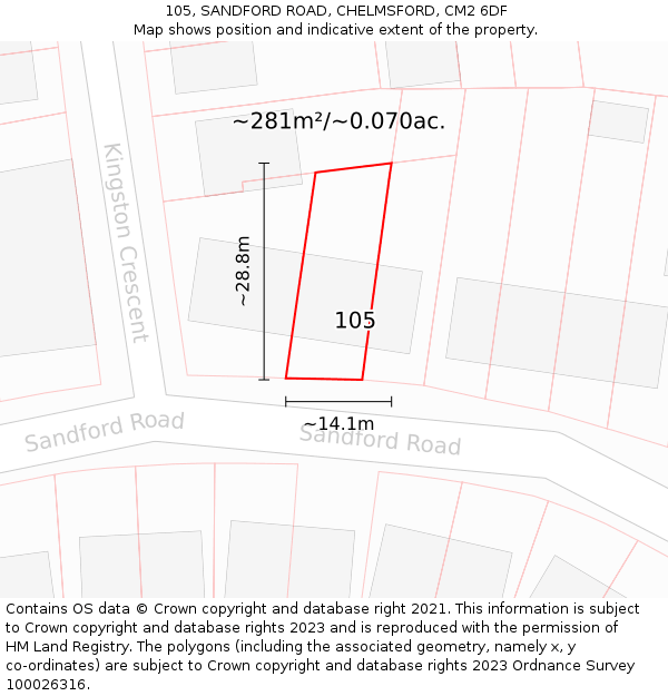 105, SANDFORD ROAD, CHELMSFORD, CM2 6DF: Plot and title map