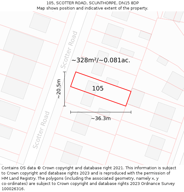 105, SCOTTER ROAD, SCUNTHORPE, DN15 8DP: Plot and title map