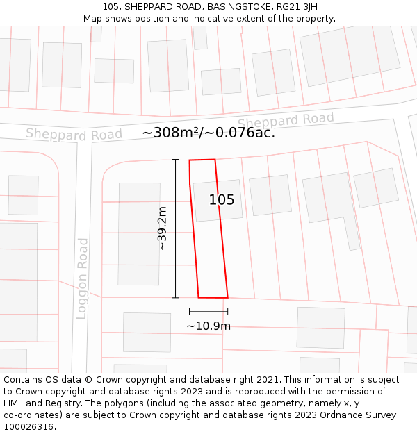 105, SHEPPARD ROAD, BASINGSTOKE, RG21 3JH: Plot and title map