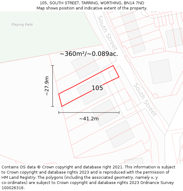 105, SOUTH STREET, TARRING, WORTHING, BN14 7ND: Plot and title map