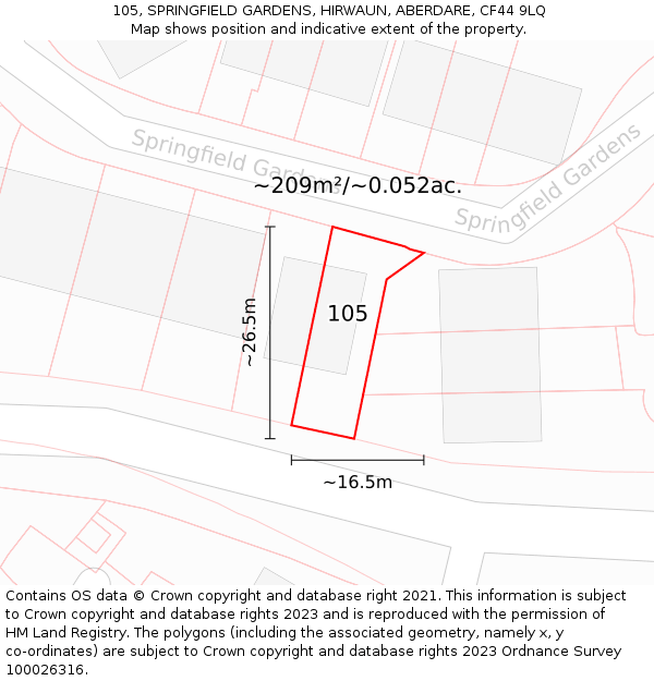 105, SPRINGFIELD GARDENS, HIRWAUN, ABERDARE, CF44 9LQ: Plot and title map