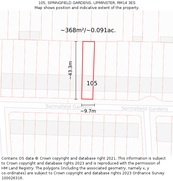 105, SPRINGFIELD GARDENS, UPMINSTER, RM14 3ES: Plot and title map