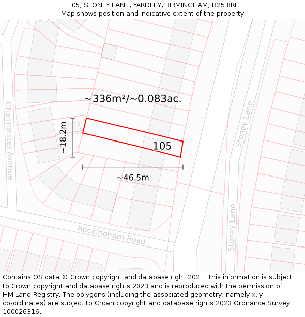 105, STONEY LANE, YARDLEY, BIRMINGHAM, B25 8RE: Plot and title map