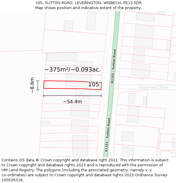 105, SUTTON ROAD, LEVERINGTON, WISBECH, PE13 5DR: Plot and title map