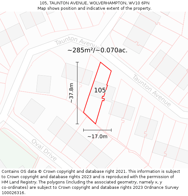105, TAUNTON AVENUE, WOLVERHAMPTON, WV10 6PN: Plot and title map