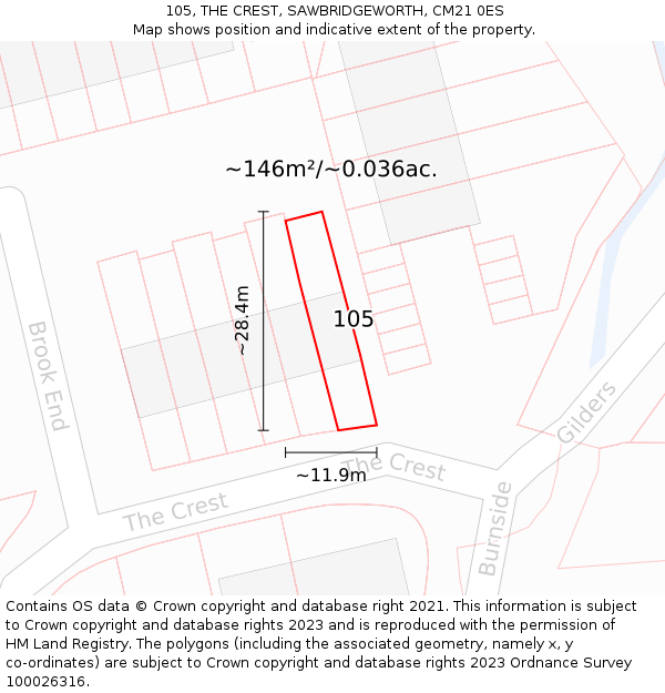 105, THE CREST, SAWBRIDGEWORTH, CM21 0ES: Plot and title map