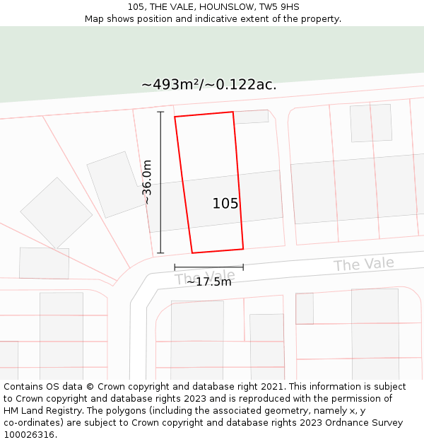 105, THE VALE, HOUNSLOW, TW5 9HS: Plot and title map