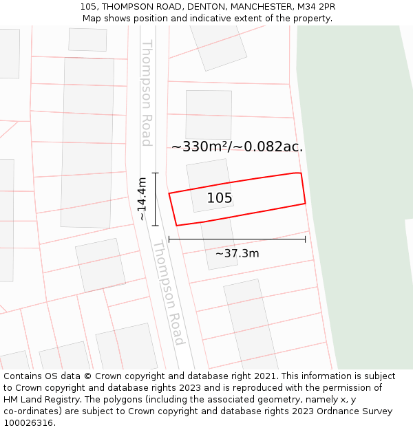 105, THOMPSON ROAD, DENTON, MANCHESTER, M34 2PR: Plot and title map