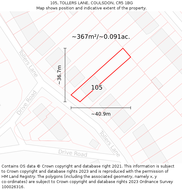 105, TOLLERS LANE, COULSDON, CR5 1BG: Plot and title map