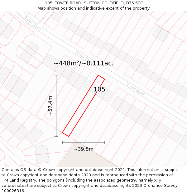 105, TOWER ROAD, SUTTON COLDFIELD, B75 5EG: Plot and title map