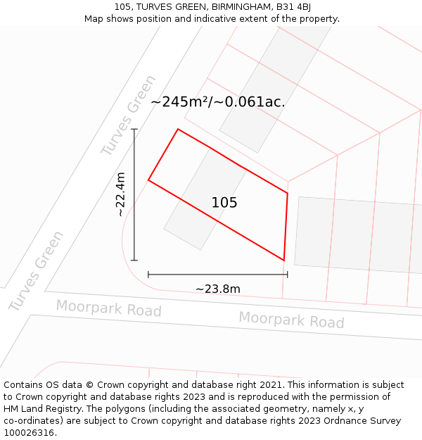 105, TURVES GREEN, BIRMINGHAM, B31 4BJ: Plot and title map