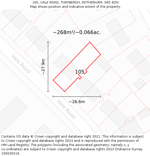 105, VALE ROAD, THRYBERGH, ROTHERHAM, S65 4DN: Plot and title map