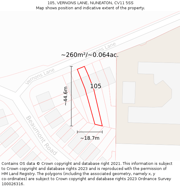 105, VERNONS LANE, NUNEATON, CV11 5SS: Plot and title map