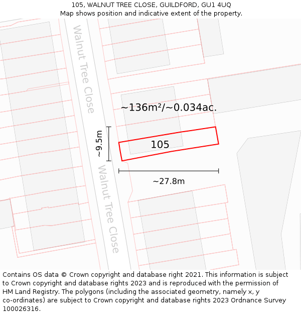 105, WALNUT TREE CLOSE, GUILDFORD, GU1 4UQ: Plot and title map