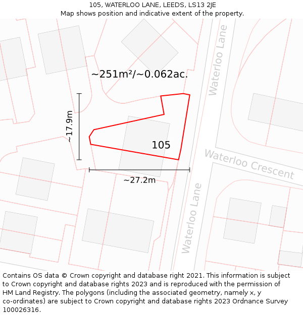 105, WATERLOO LANE, LEEDS, LS13 2JE: Plot and title map