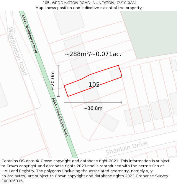 105, WEDDINGTON ROAD, NUNEATON, CV10 0AN: Plot and title map