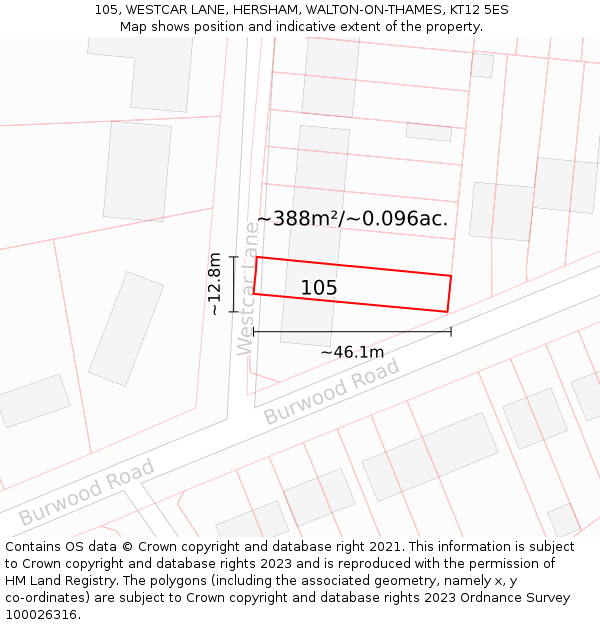 105, WESTCAR LANE, HERSHAM, WALTON-ON-THAMES, KT12 5ES: Plot and title map
