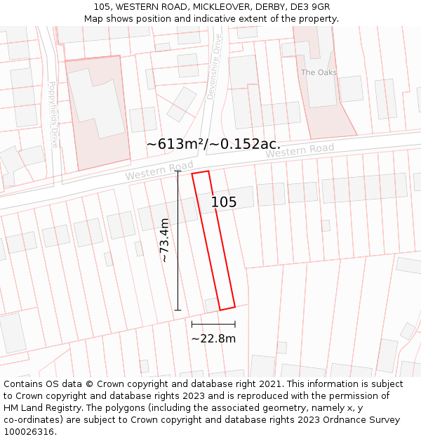 105, WESTERN ROAD, MICKLEOVER, DERBY, DE3 9GR: Plot and title map