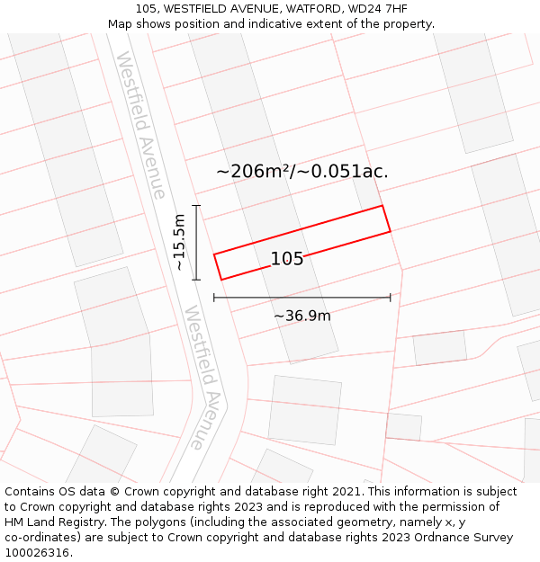 105, WESTFIELD AVENUE, WATFORD, WD24 7HF: Plot and title map