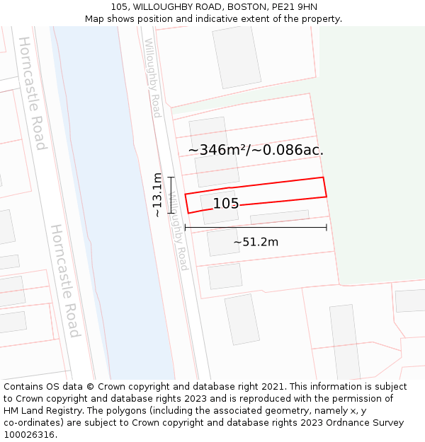 105, WILLOUGHBY ROAD, BOSTON, PE21 9HN: Plot and title map