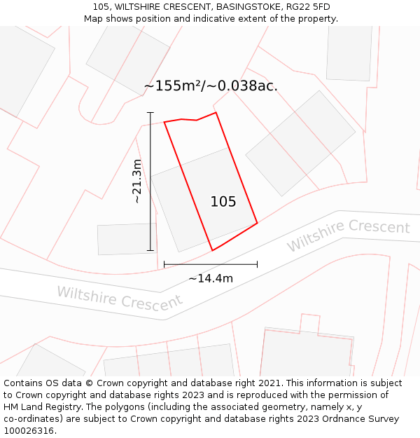105, WILTSHIRE CRESCENT, BASINGSTOKE, RG22 5FD: Plot and title map