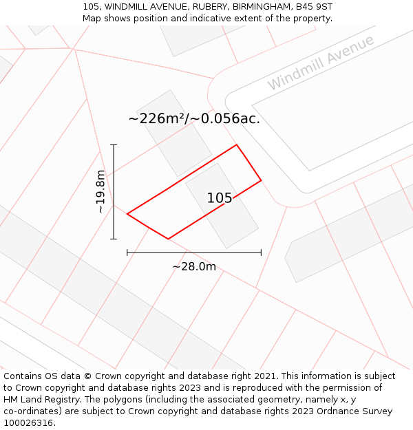 105, WINDMILL AVENUE, RUBERY, BIRMINGHAM, B45 9ST: Plot and title map