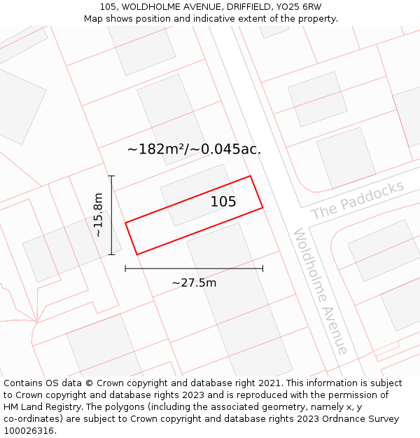 105, WOLDHOLME AVENUE, DRIFFIELD, YO25 6RW: Plot and title map