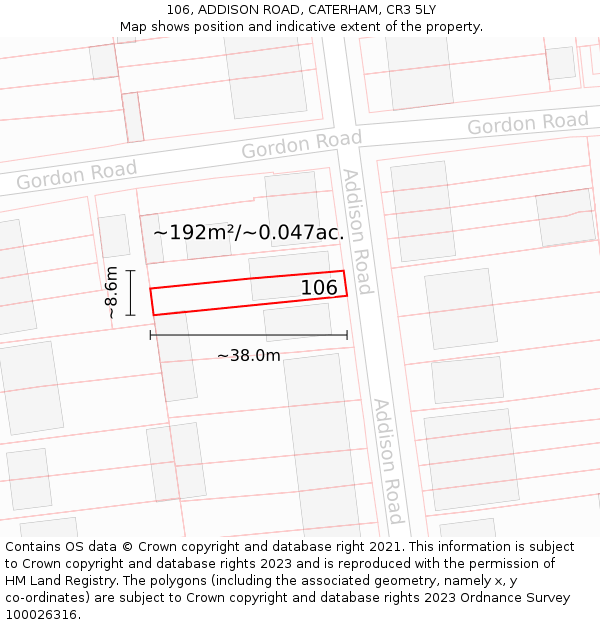 106, ADDISON ROAD, CATERHAM, CR3 5LY: Plot and title map