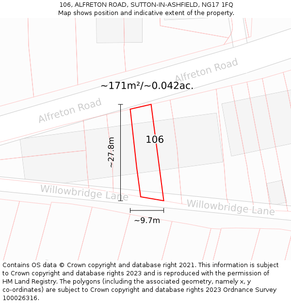 106, ALFRETON ROAD, SUTTON-IN-ASHFIELD, NG17 1FQ: Plot and title map