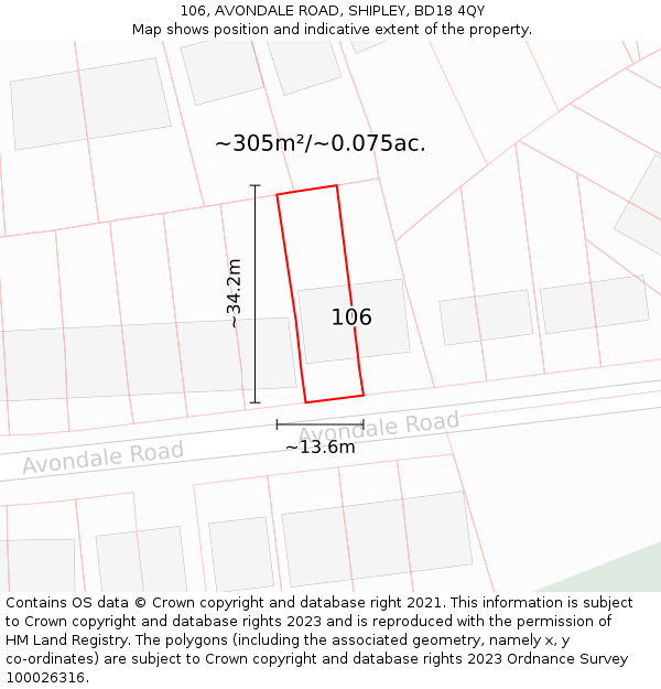 106, AVONDALE ROAD, SHIPLEY, BD18 4QY: Plot and title map